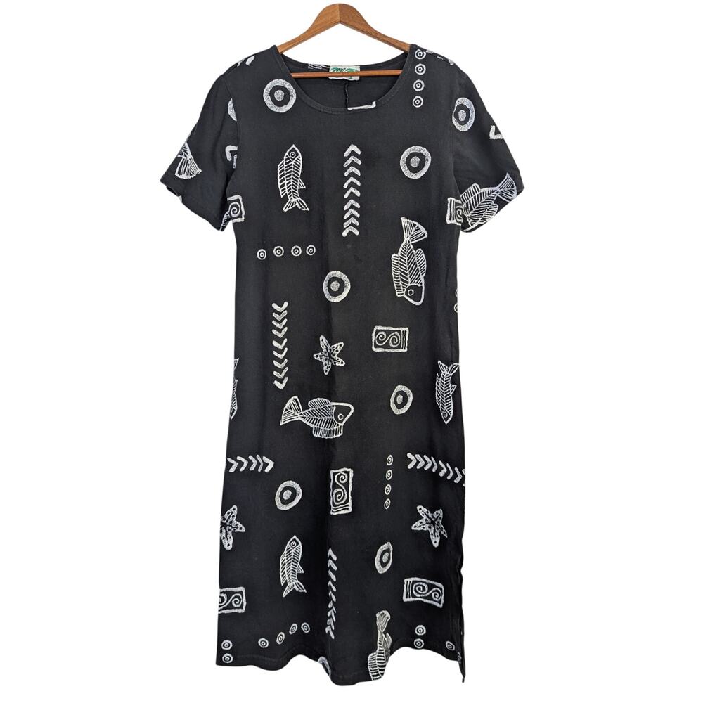Vtg 1990s Midi Dress Short Sleeve Relaxed Black Fish Beach Vacation Medium